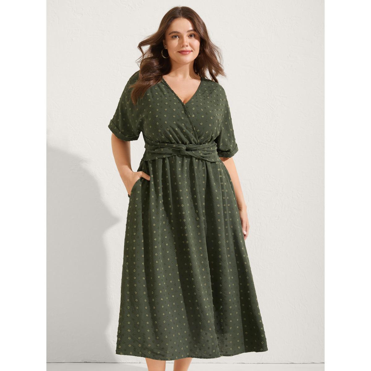 Plus Size Textured Pleated Twist Waist Midi Dress ArmyGreen Women Overlapping Overlap Collar Short sleeve Curvy BloomChic 18-20/2X Product Image