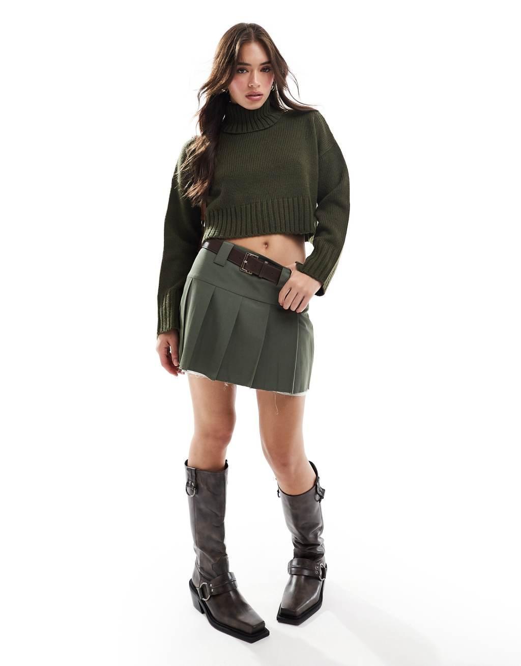 ASOS DESIGN cropped roll neck sweater in khaki Product Image