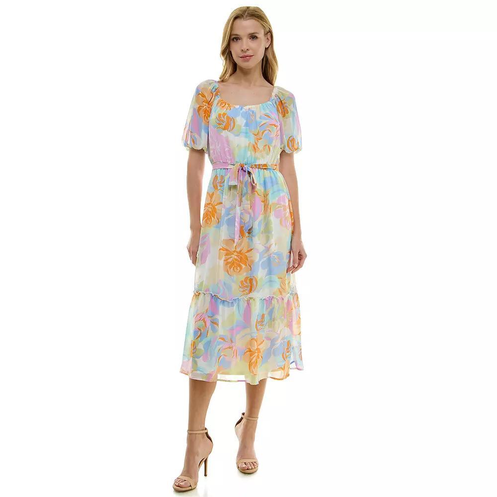 Women's Luxology Puff Sleeve Floral Maxi Dress, Size: Large, Orange Lilac Aqua Product Image
