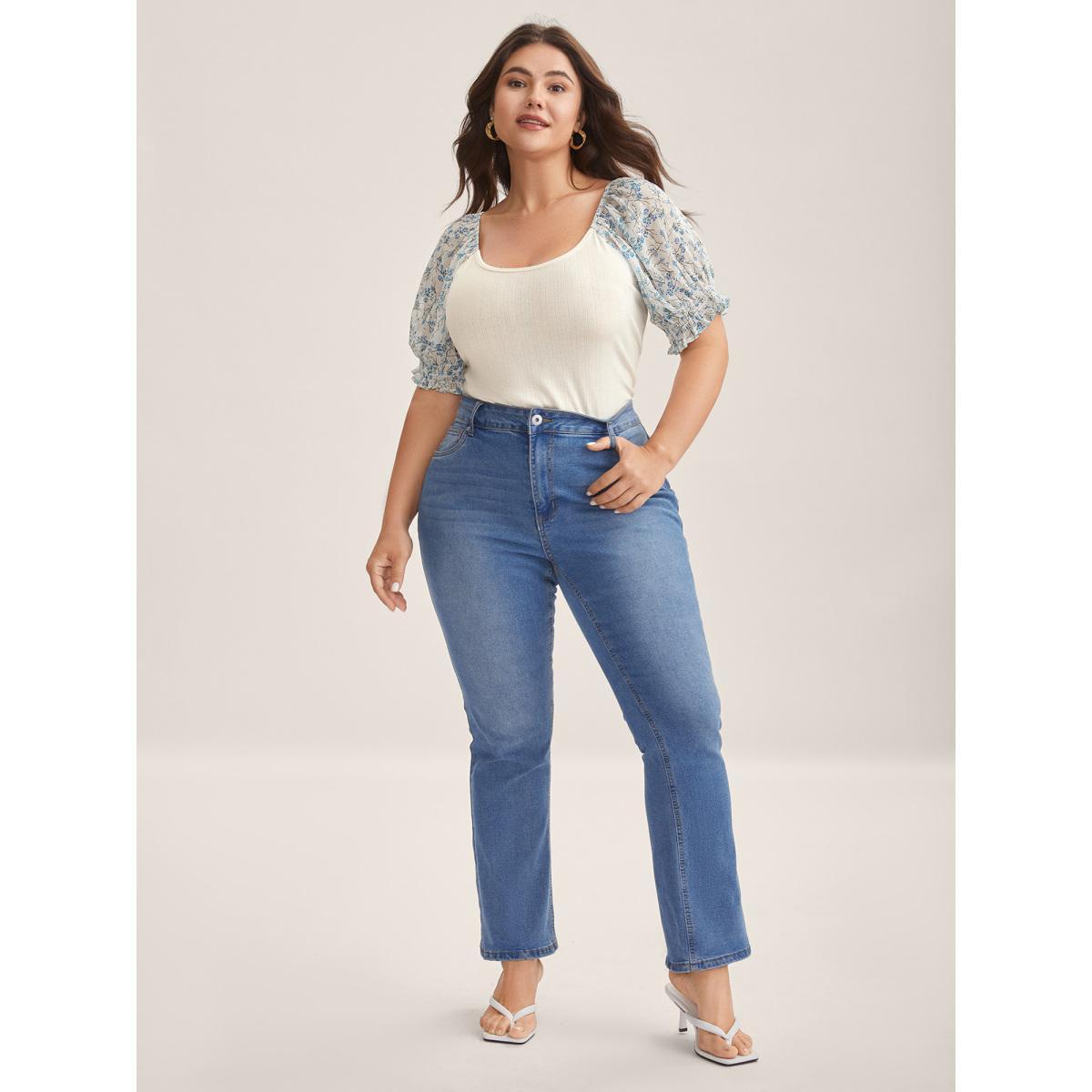 Plus Size Floral Puff Sleeve Textured T-Shirt Beige Women Texture U-neck Everyday-Elegant T-shirts BloomChic 12/L Product Image