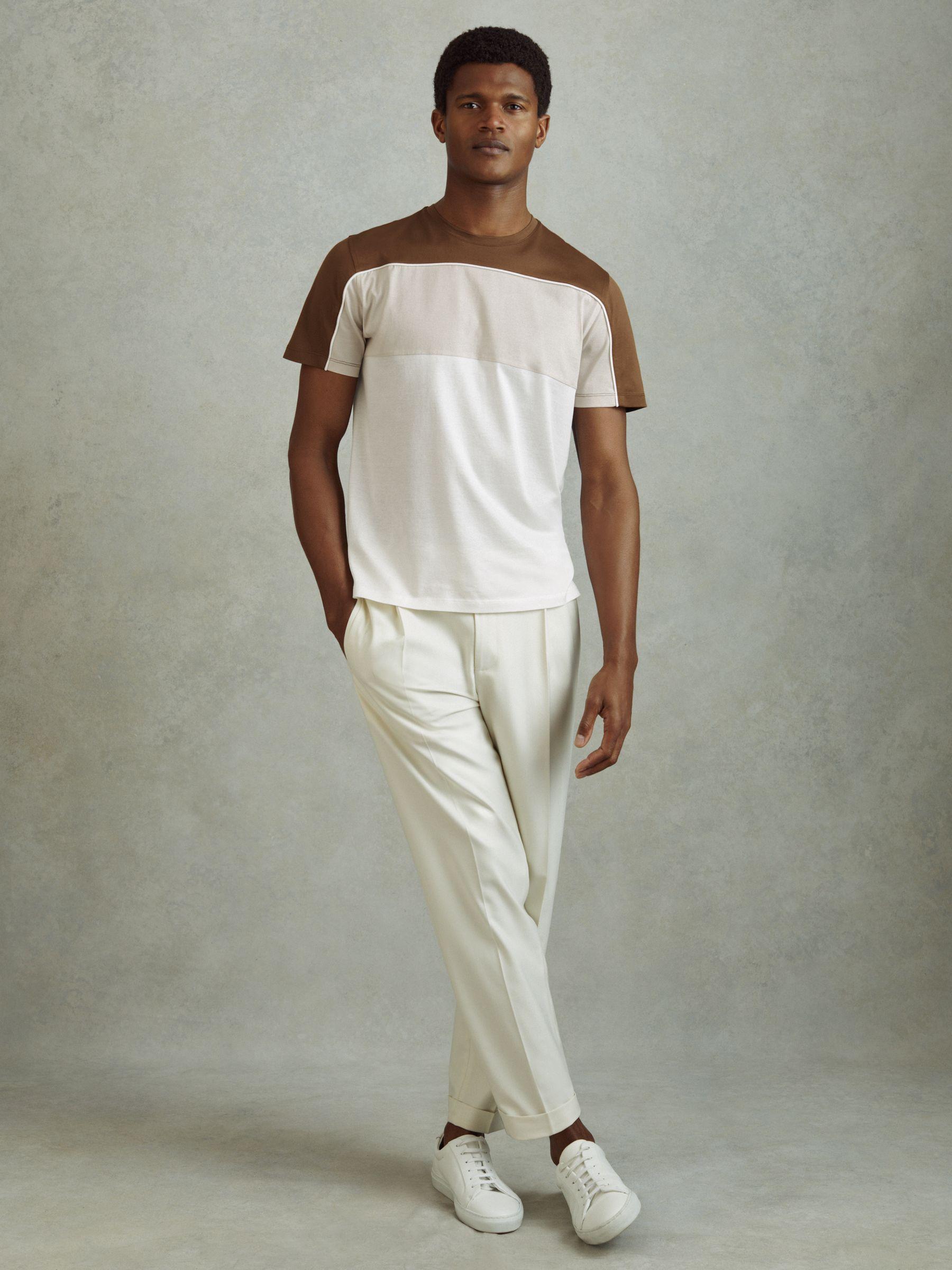 Mercerised Cotton Colourblock Crew Neck T-Shirt in Camel Brown/White Product Image