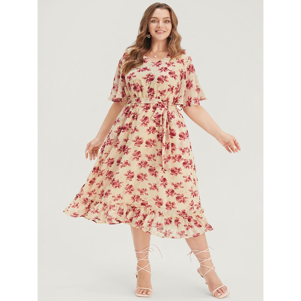 Plus Size Floral Print Pearl Beaded Pocket Belt Ruffle Hem Dress DustyPink Women Elegant Lined V-neck Short sleeve Curvy Midi Dress BloomChic 12/L Product Image