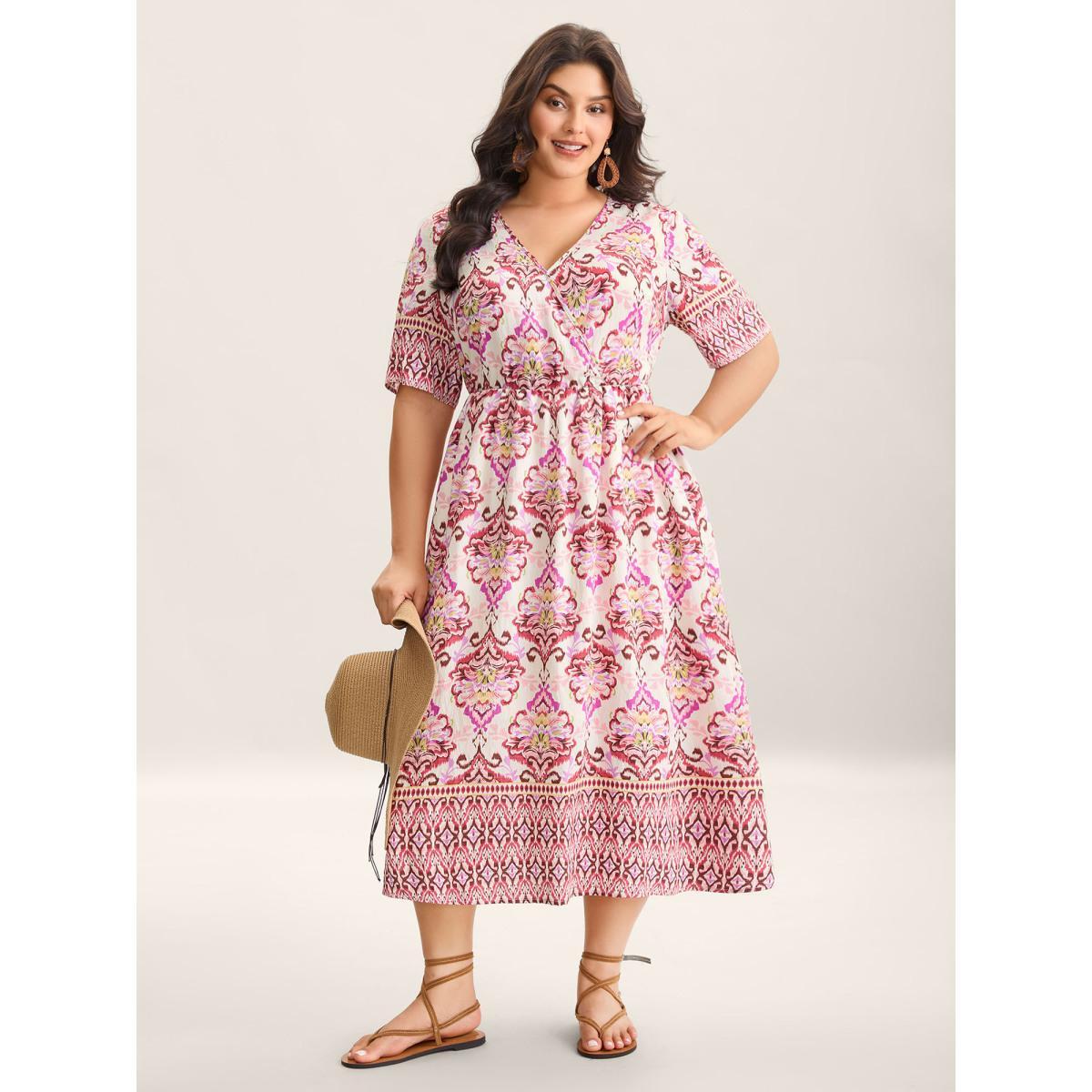 Plus Size Ornate Print Surplice Pockets Maxi Dress Beanpastepowder Women Overlap Collar Short sleeve Curvy BloomChic 10/M Product Image