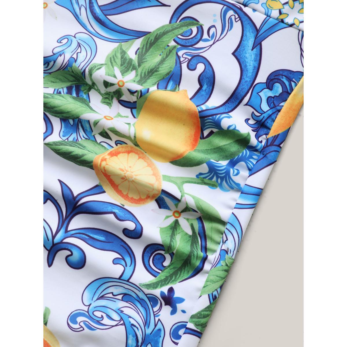 Plus Size Two-Piece Citrus Print Sarong Swimsuit Women's Swimwear Lemonyellow Beach Tie knot Curve Bathing Suits High stretch One Pieces BloomChic 14-16/1X Product Image