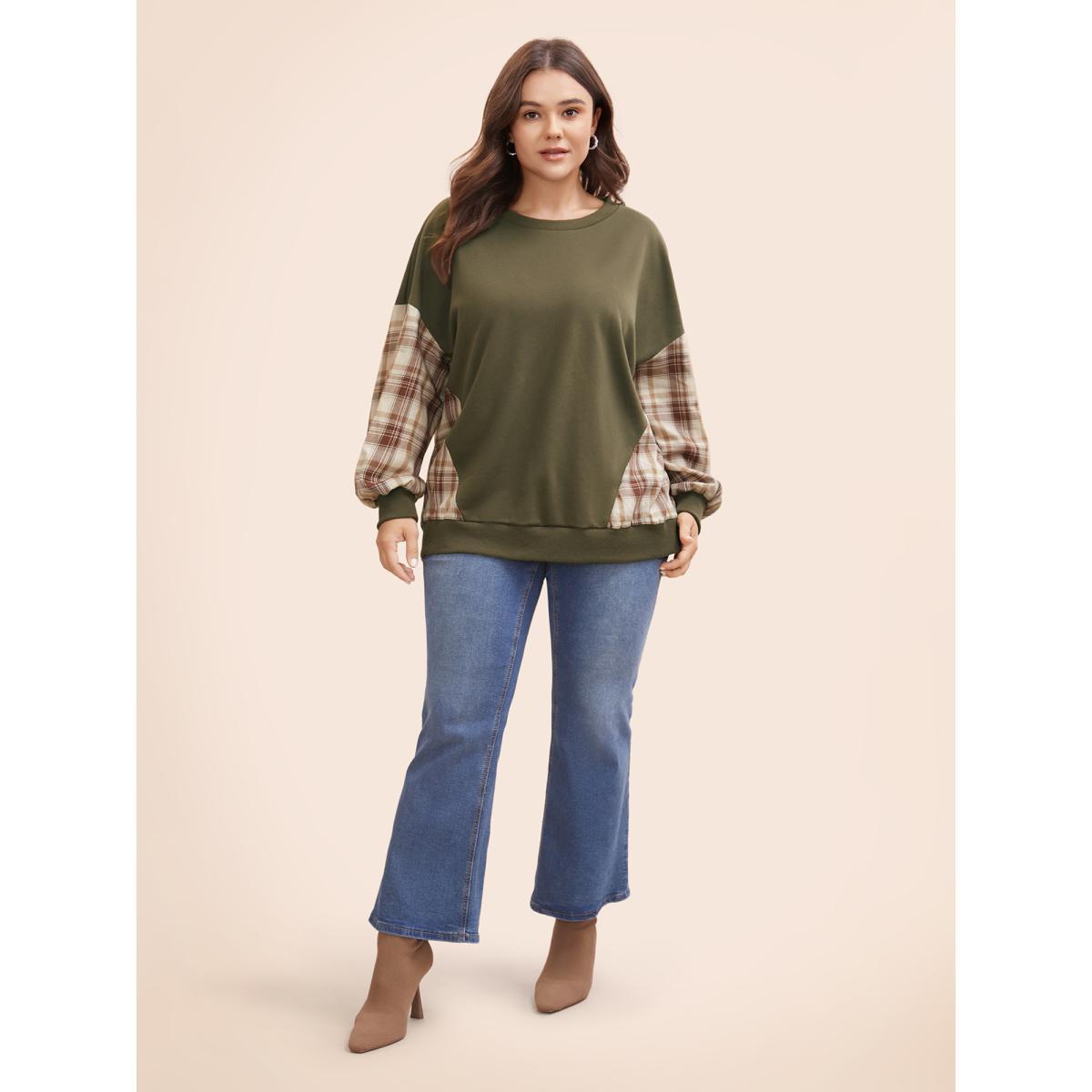 Plus Size Round Neck Gingham Patchwork Sweatshirt Women Sage Elegant Contrast Round Neck Everyday Sweatshirts BloomChic 18-20/2X Product Image