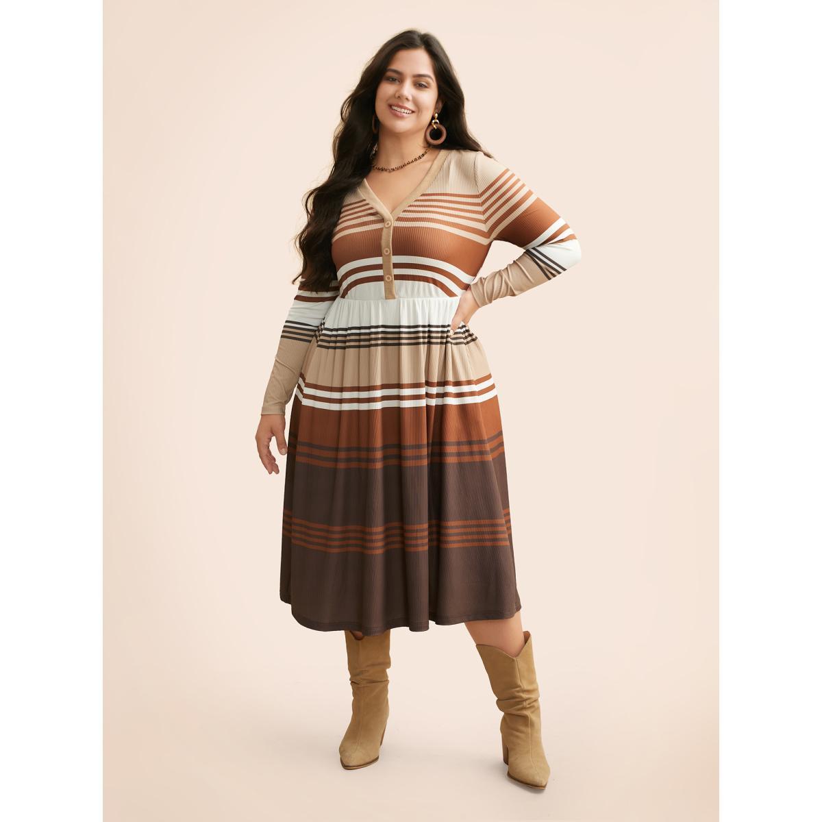Plus Size Contrast Striped V Neck Midi Dress Yellowishbrown Women Elegant Texture V-neck Extra Long Sleeve Curvy BloomChic 22-24/3X Product Image