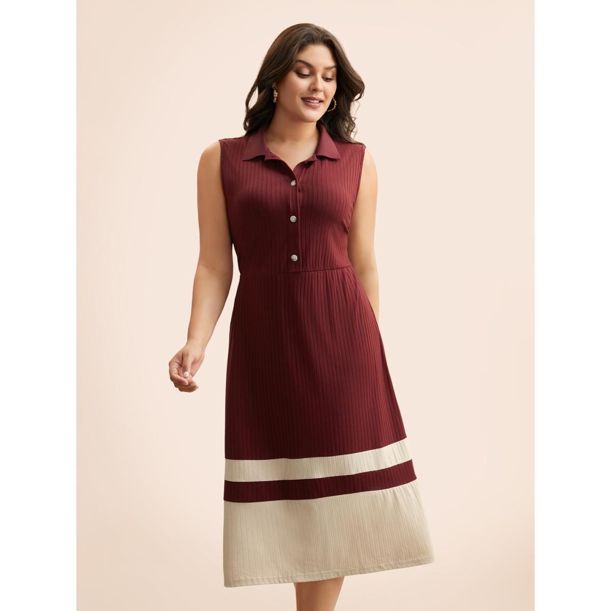 Plus Size Contrast Patchwork Button Up Dress Deepred Women Casual Texture Shirt collar Sleeveless Curvy BloomChic 14-16/1X Product Image