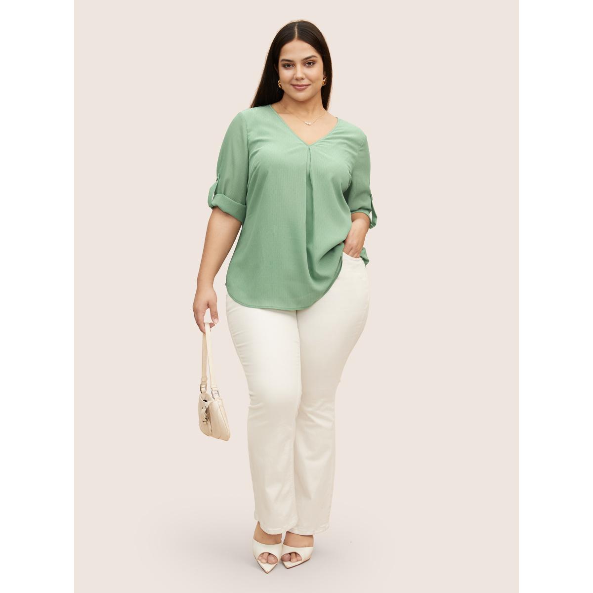 Plus Size Mint V Neck Plain Pleated Tab Sleeve Blouse Women Work From Home Elbow-length sleeve V-neck Work Blouses BloomChic 12/L Product Image