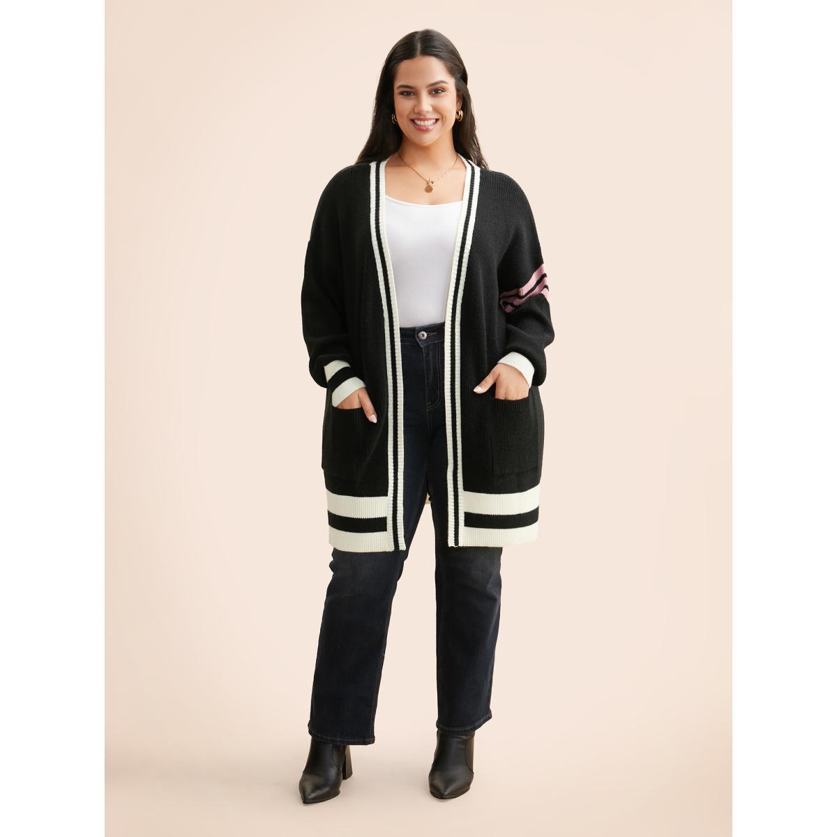 Plus Size Contrast Striped Drop Shoulder Cardigan Black Women Casual Loose Long Sleeve Everyday Cardigans BloomChic 26/4X Product Image