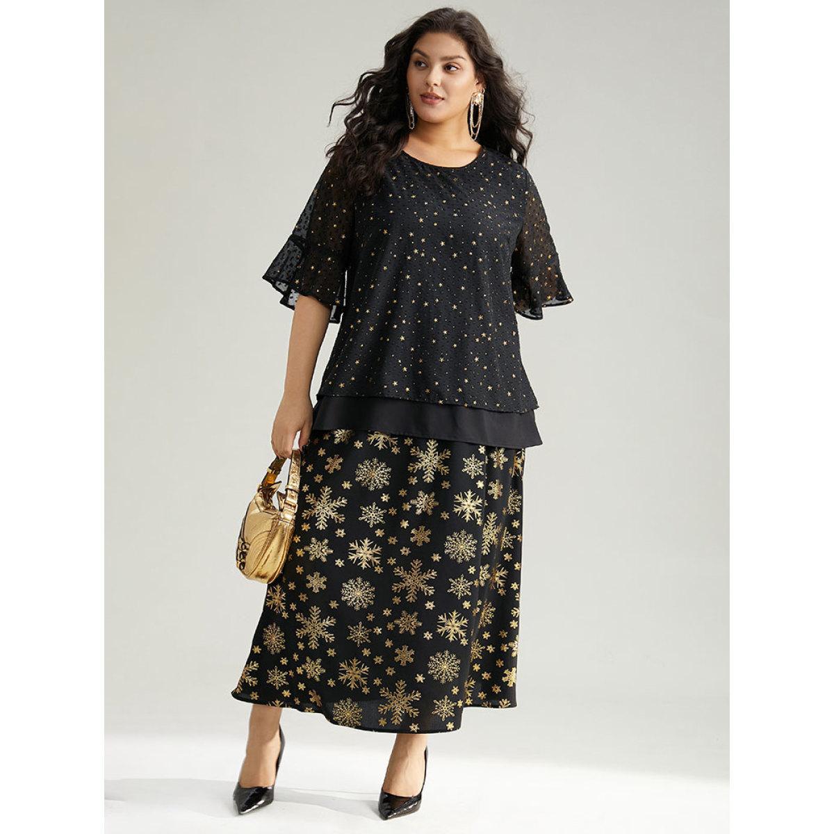 Plus Size Black Star Glitter Flutter Sleeve Mesh Blouse Women Glamour Half Sleeve Round Neck Festival-Christmas Blouses BloomChic 22-24/3X Product Image