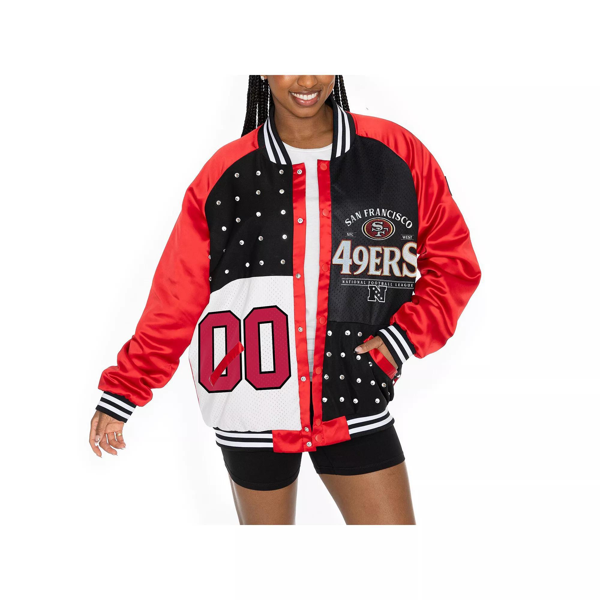Women's Gameday Couture  Scarlet/Black San Francisco 49ers Oversized Hot Shot Rhinestone Throwback Full-Snap Varsity Bomber Jacket, Size: Large, Red Product Image