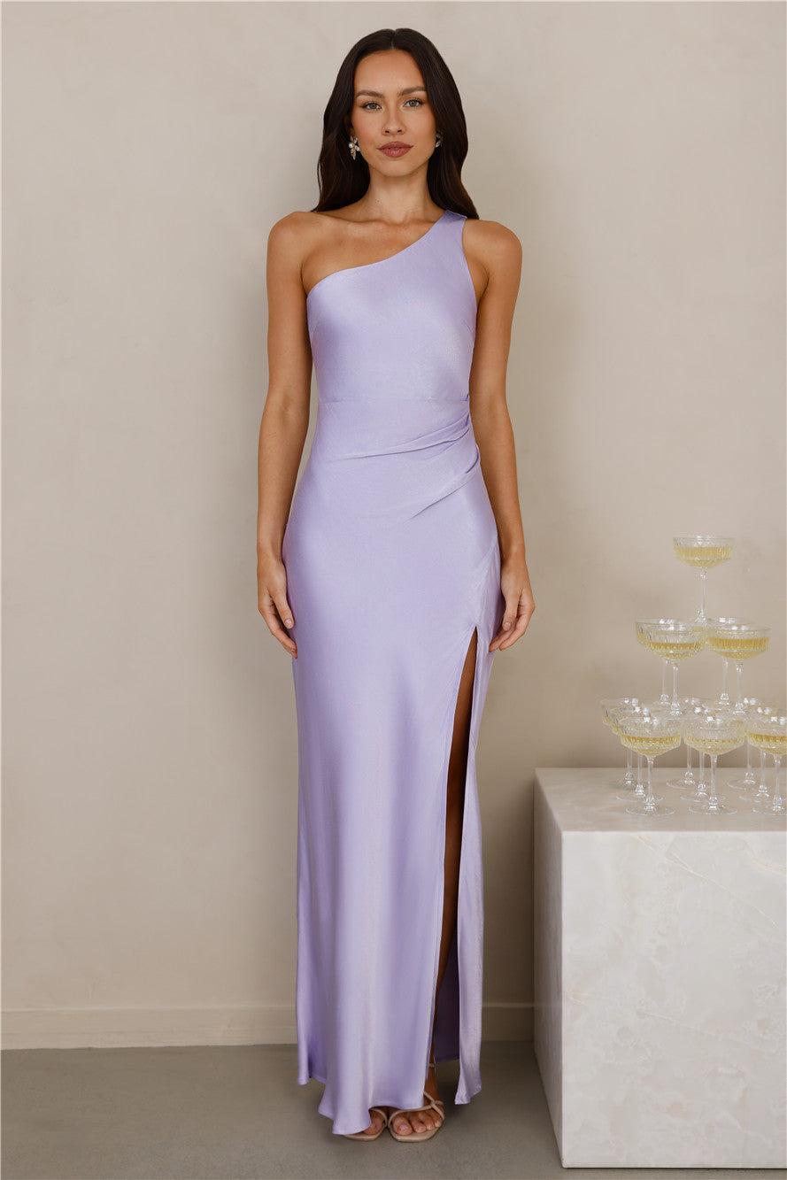 The Aurora One Shoulder Satin Maxi Dress Lilac Product Image