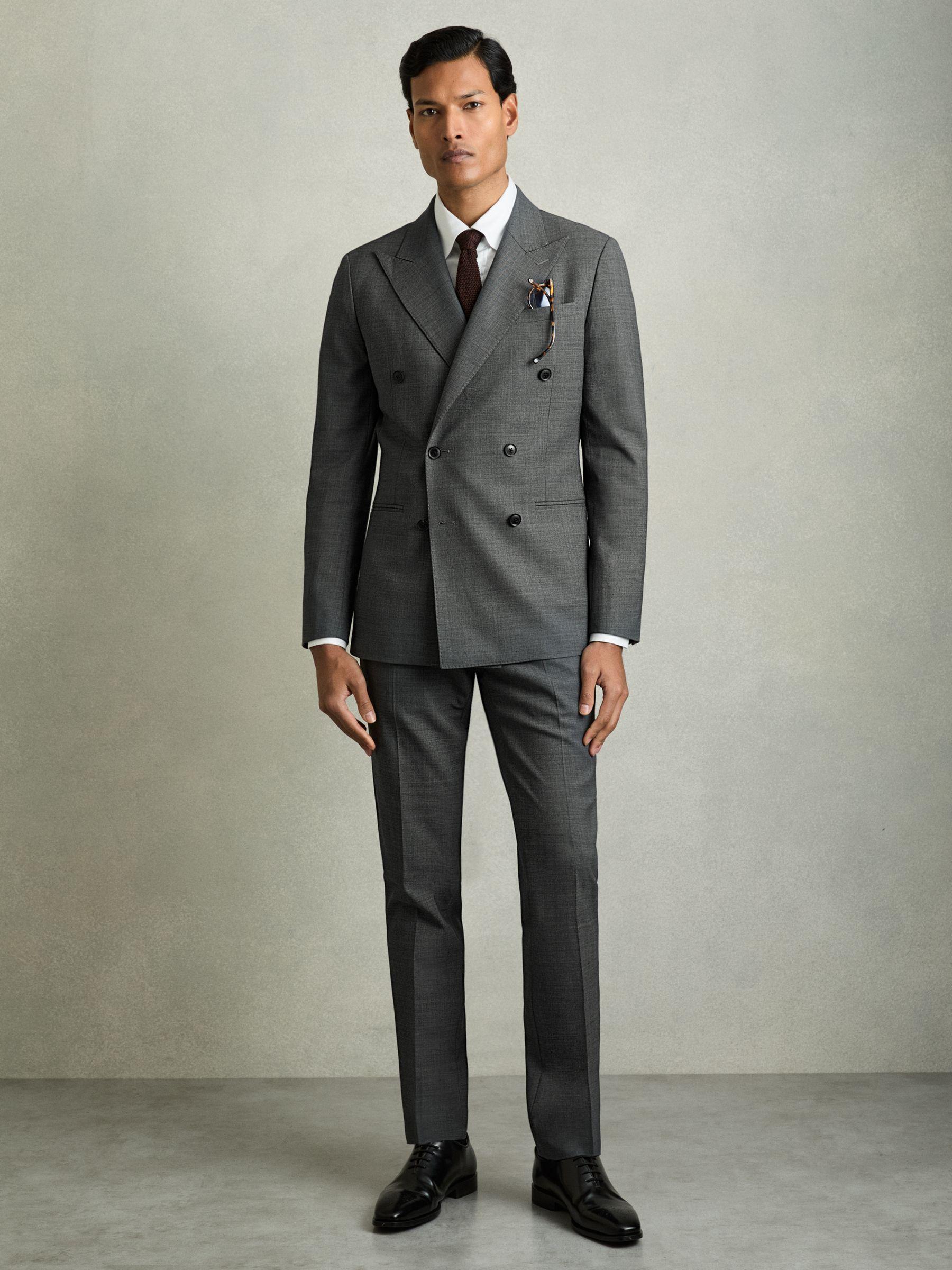 Regular-Fit Double-Breasted Sharkskin Wool-Blend Suit Blazer in Charcoal Grey Product Image