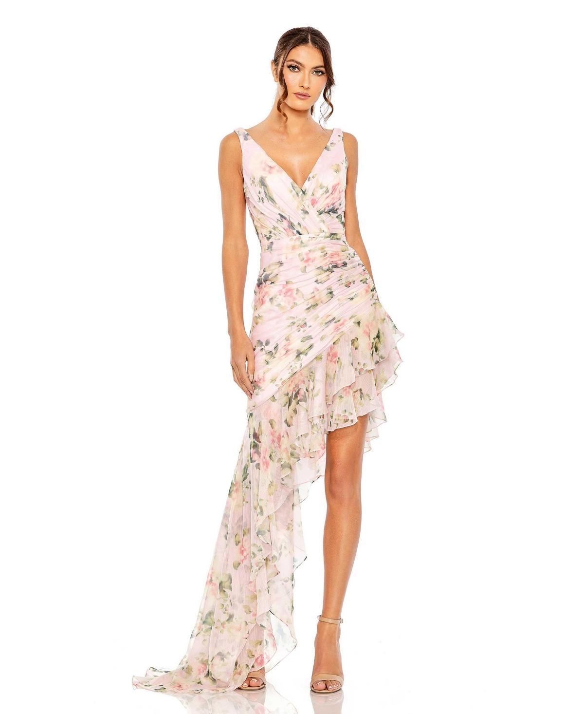 Womens Asymmetrical Ruffled Floral Chiffon High-Low Dress Product Image