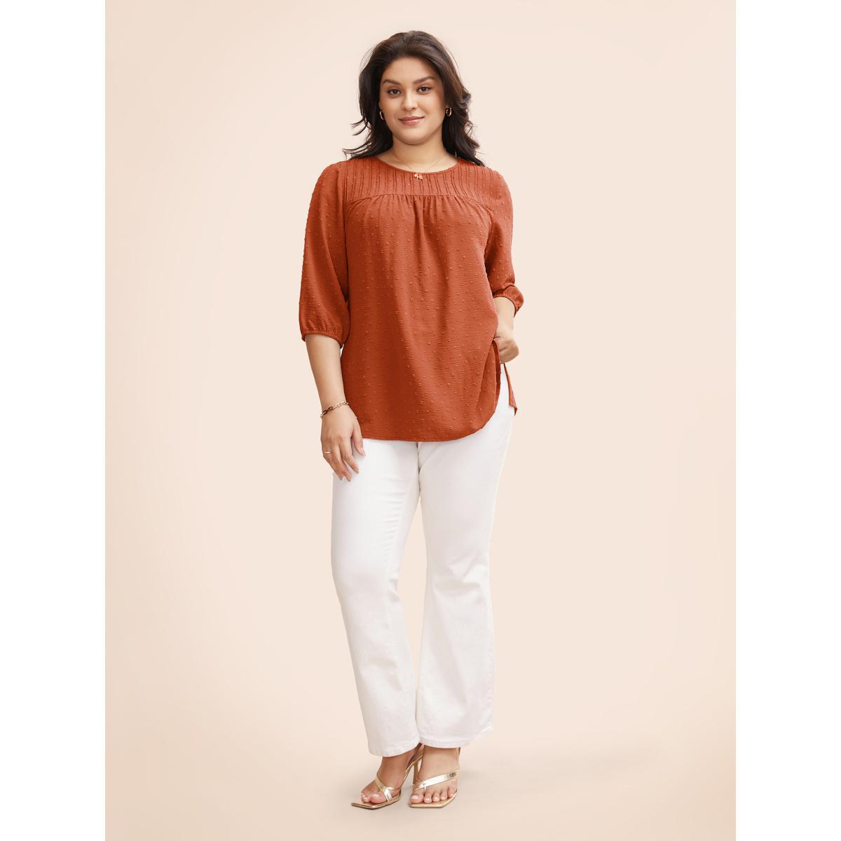 Plus Size Rust Texture Round Neck Pleated Lantern Sleeve Blouse Women Elegant Elbow-length sleeve Round Neck Everyday Blouses BloomChic 30/6X Product Image