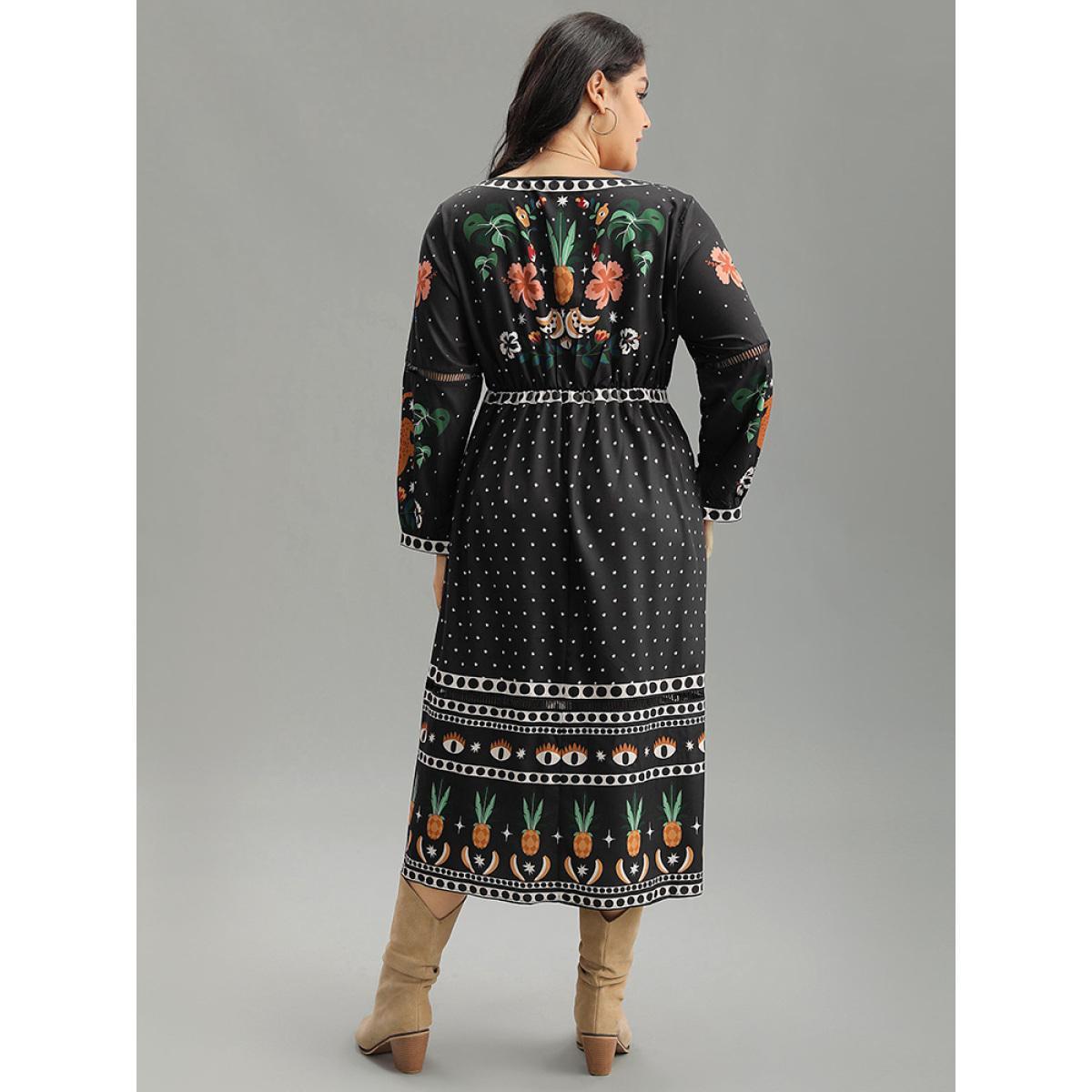 Plus Size Bandana Print Lantern Sleeve Ruffle Hem Dress Black Women Resort Printed V-neck Long Sleeve Curvy Midi Dress BloomChic 18-20/2X Product Image
