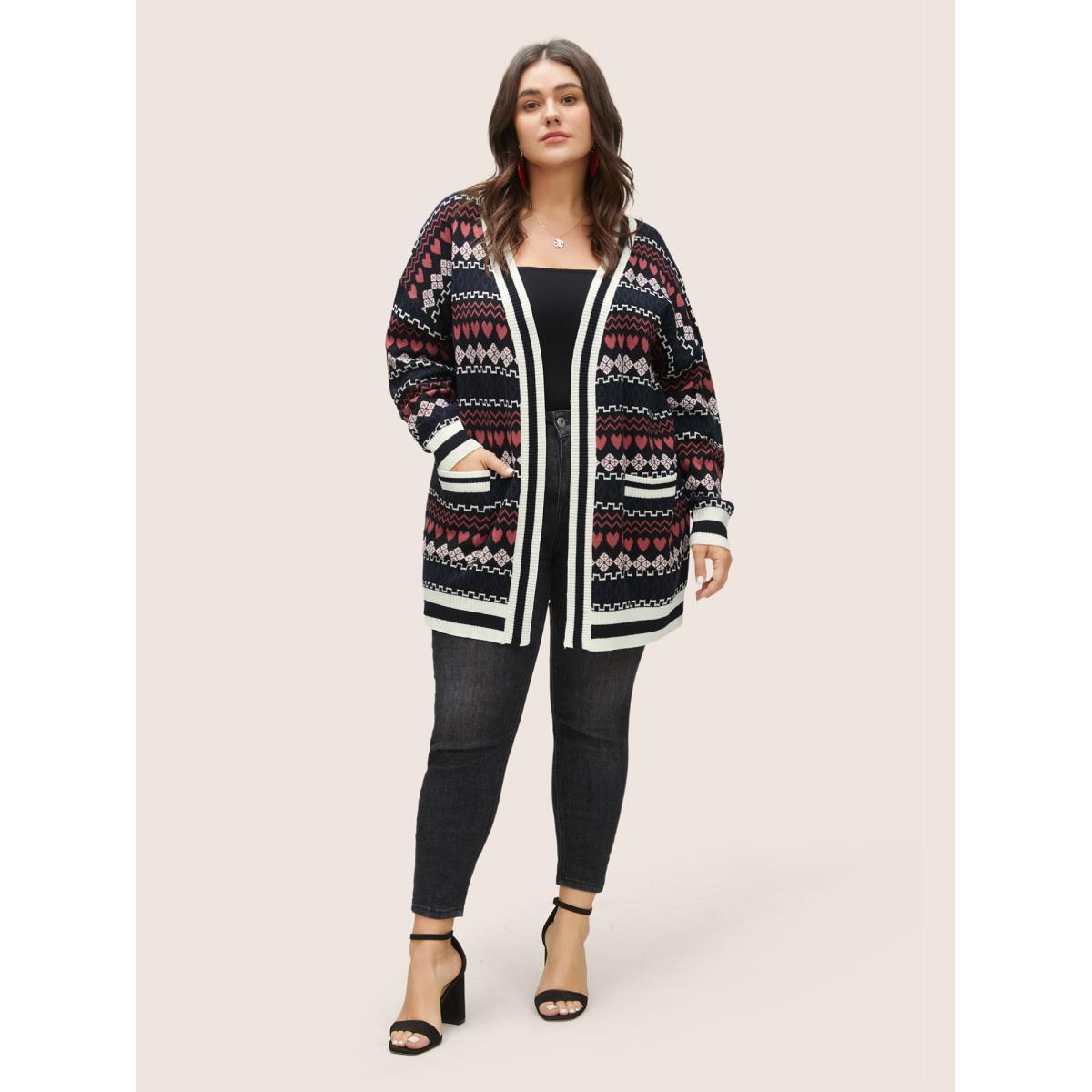 Plus Size Heart Geometric Jacquard Pocket Cardigan Black Women Casual Long Sleeve Everyday Cardigans BloomChic 10/M Product Image