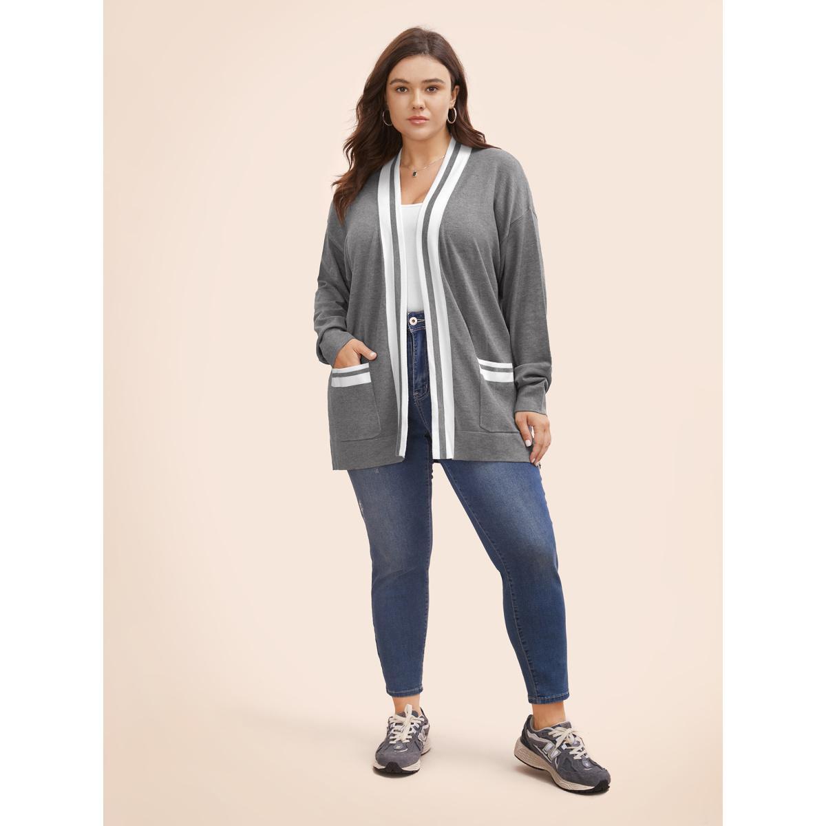 Plus Size Supersoft Essentials Contrast Slit Hem Cardigan DarkGray Women Casual Loose Long Sleeve Everyday Cardigans BloomChic 14-16/1X Product Image