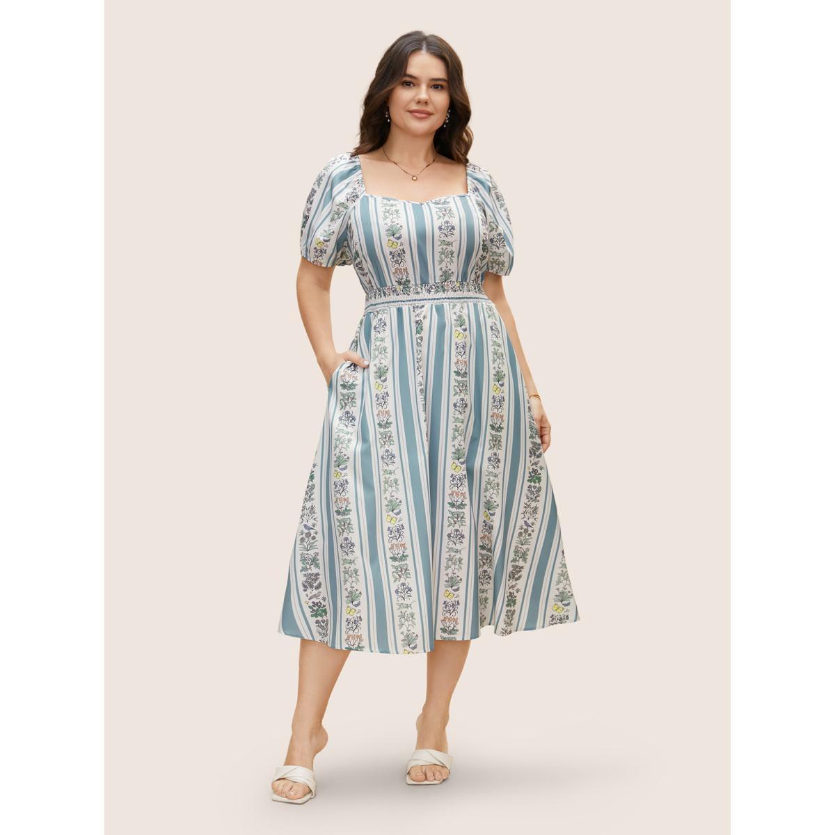 Plus Size Floral Patchwork Striped Shirred Puff Sleeve Dress LightBlue Women Elegant Gathered Heart neckline Short sleeve Curvy BloomChic 12/L Product Image