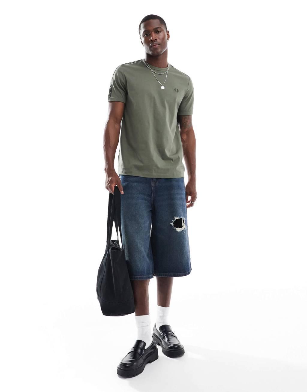 Fred Perry contrast tape ringer T-shirt in khaki green Product Image
