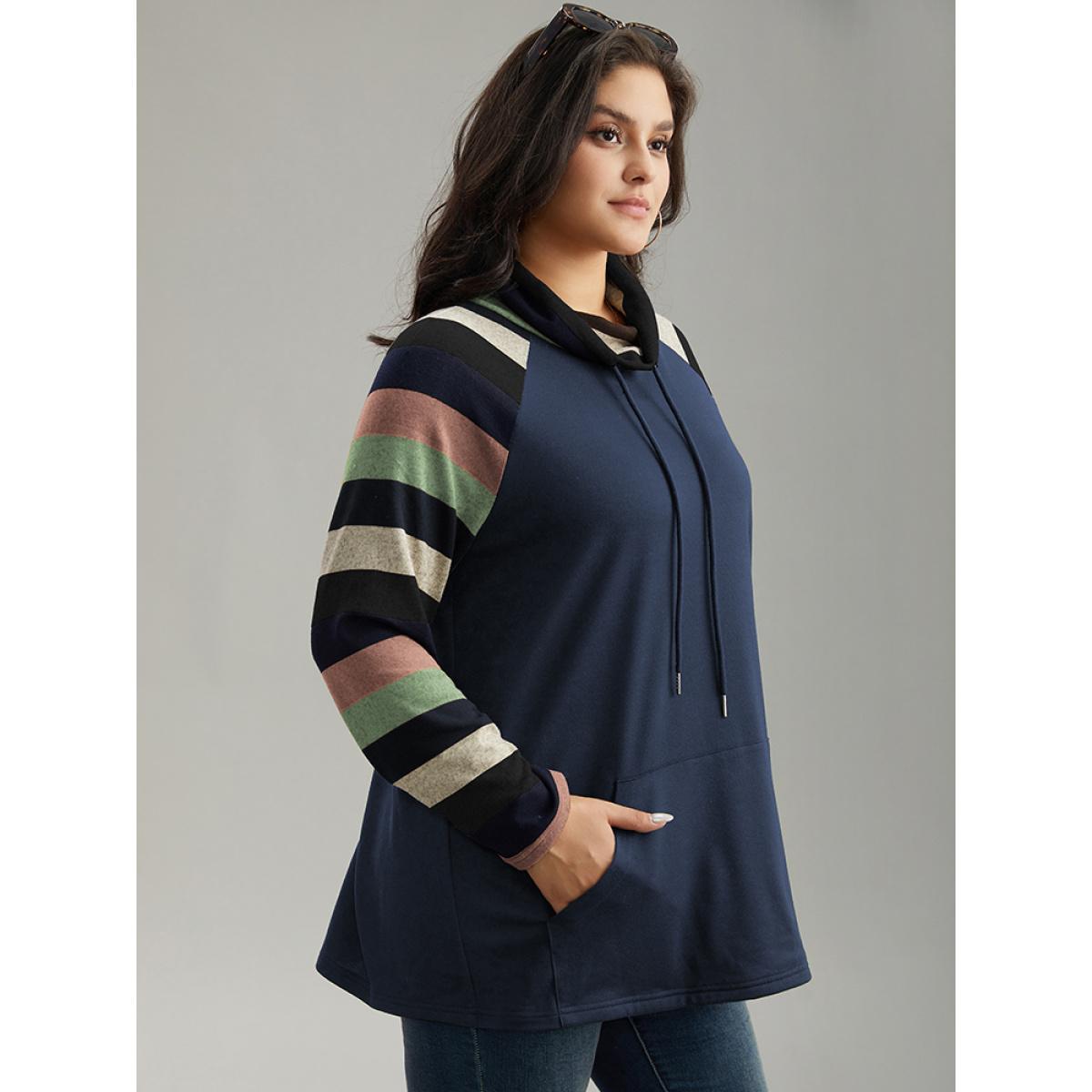 Plus Size Mock Neck Colour Striped Drawstring Sweatshirt Women Indigo Casual Patchwork Mock Neck Dailywear Sweatshirts BloomChic 10/M Product Image