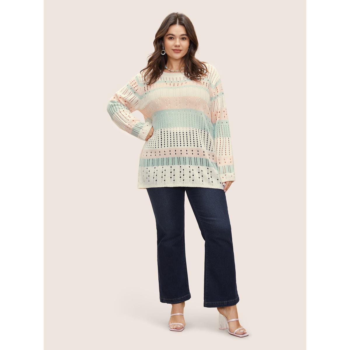 Plus Size Colorblock Contrast Cut Out Texture Pullover Ivory Women Casual Long Sleeve Round Neck Everyday Pullovers BloomChic 12/L Product Image