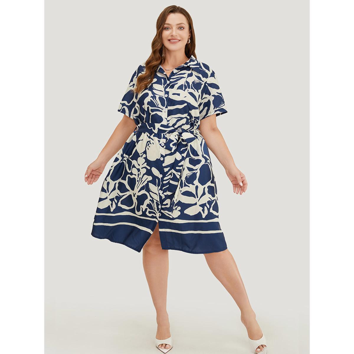 Plus Size Geometric Print Flutter Pocket Belt Shirt Collar Dress DarkBlue Women Elegant Lapel Collar Short sleeve Curvy Knee Dress BloomChic 28/5X Product Image