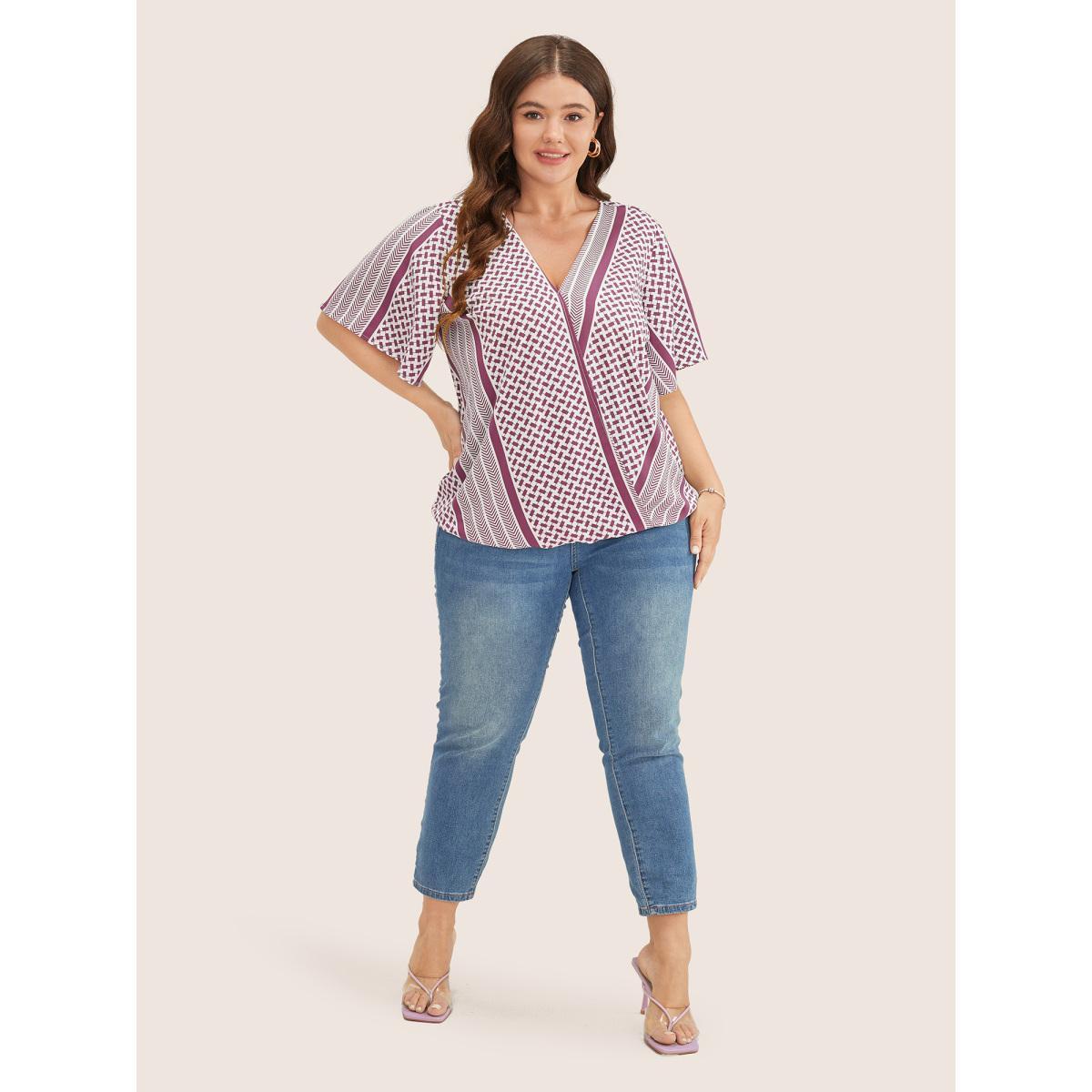 Plus Size RedViolet Geometric Contrast Ruffle Sleeve Wrap Blouse Women Resort Short sleeve Overlap Collar Vacation Blouses BloomChic 28/5X Product Image