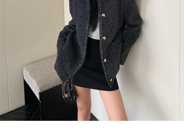 Round Neck Melange Trim Button Jacket Product Image