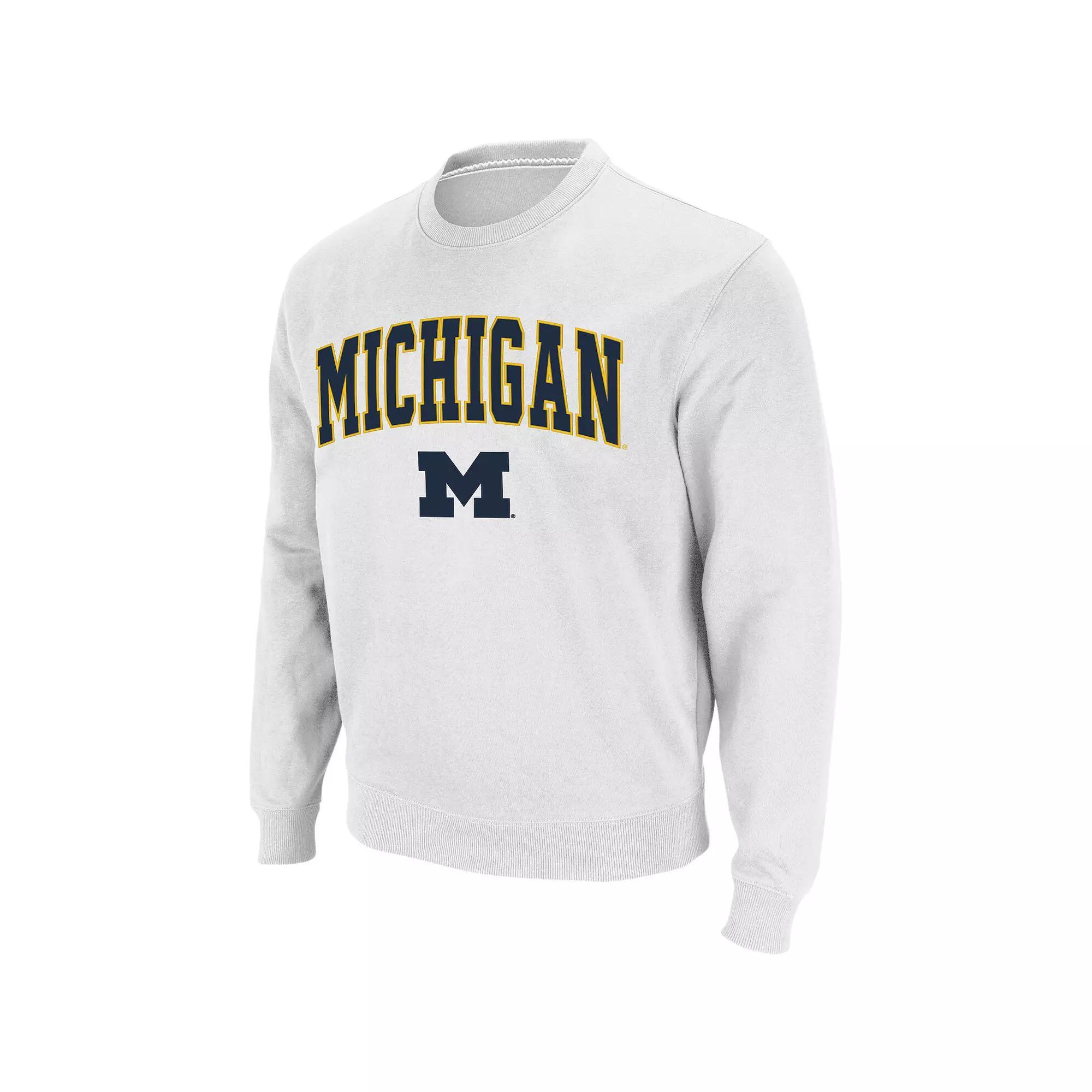 Men's Colosseum White Michigan Wolverines Arch & Logo Crew Neck Sweatshirt, Size: 2XL Product Image