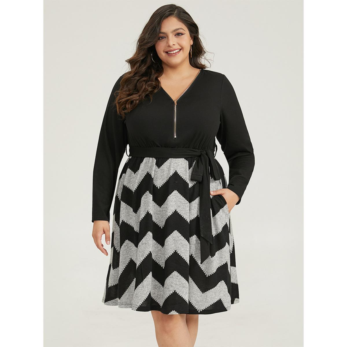 Plus Size Striped Pocket Elastic Waist Patchwork Zipper Dress Black Women Casual Zipper V-neck Long Sleeve Curvy Midi Dress BloomChic 14-16/1X Product Image