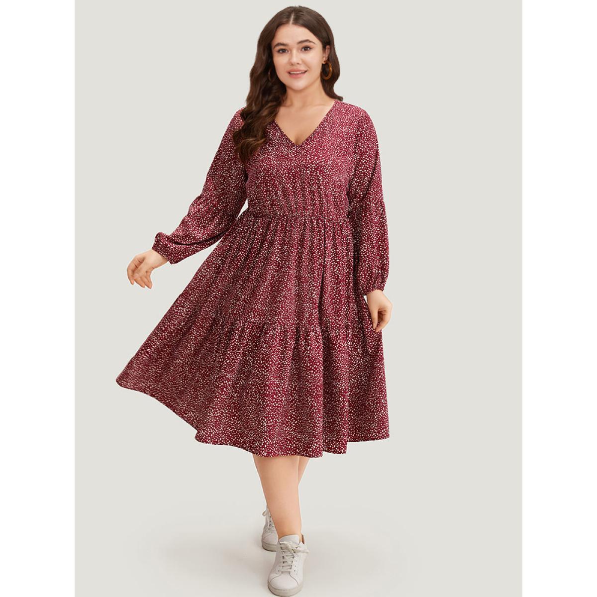 Plus Size Leopard Print Pocket Flutter Hem Dress Burgundy Women Casual Elastic cuffs V-neck Long Sleeve Curvy Midi Dress BloomChic 28/5X Product Image
