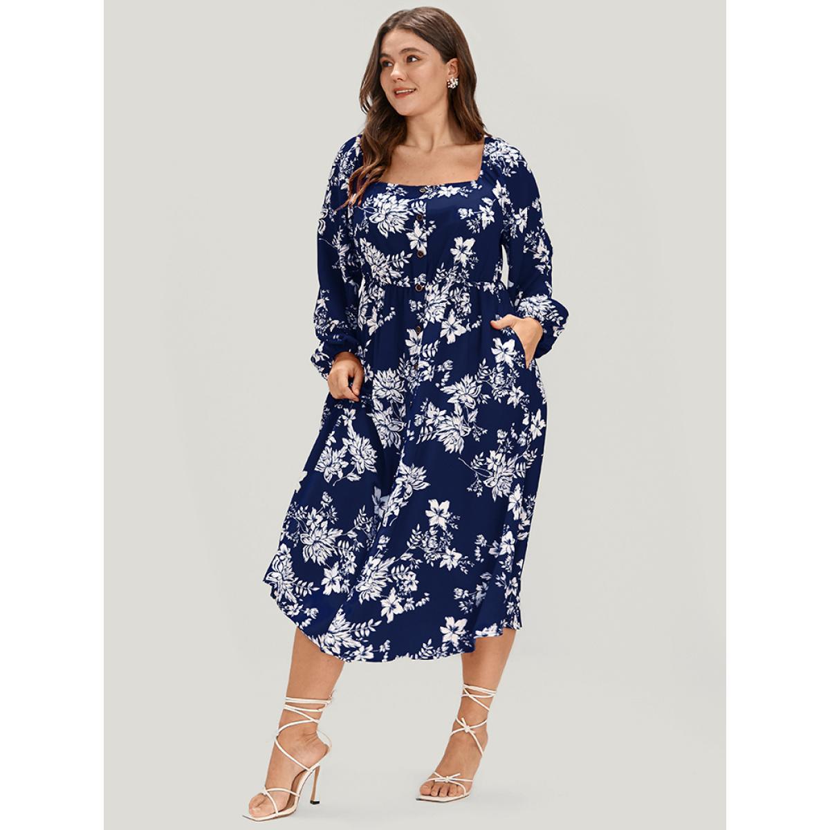 Plus Size Floral Square Neck Lantern Sleeve Pocket Button Detail Dress DarkBlue Women Dating Printed Square Neck Long Sleeve Curvy Midi Dress BloomChic 12/L Product Image