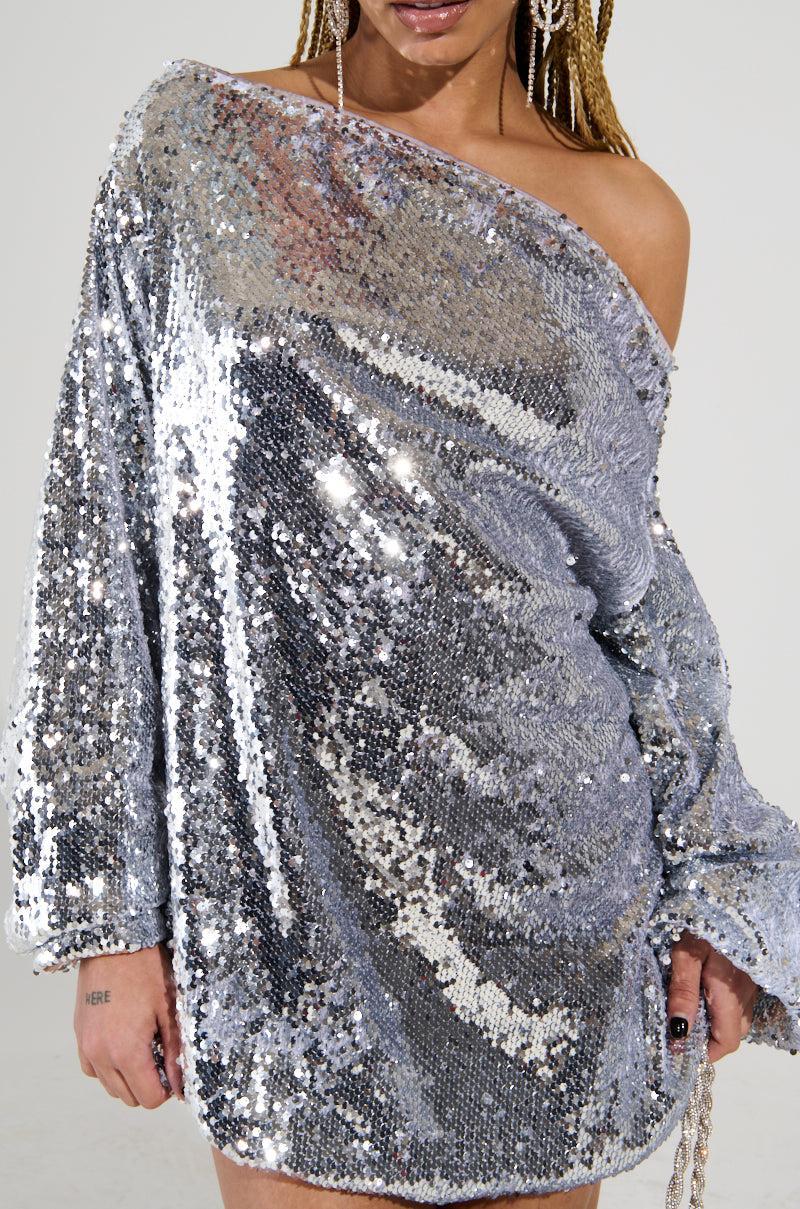 GEMMA OFF THE SHOULDER VOLUMINOUS SEQUIN MINI DRESS IN SILVER Product Image