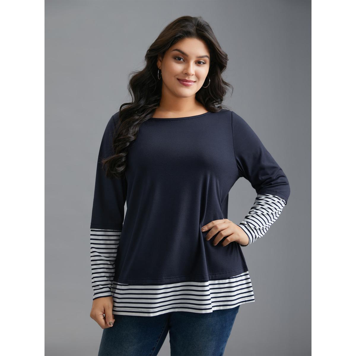 Plus Size Boat Neck Striped Patchwork T-Shirt Indigo Women Casual Contrast Boat Neck Everyday T-shirts BloomChic 26/4X Product Image