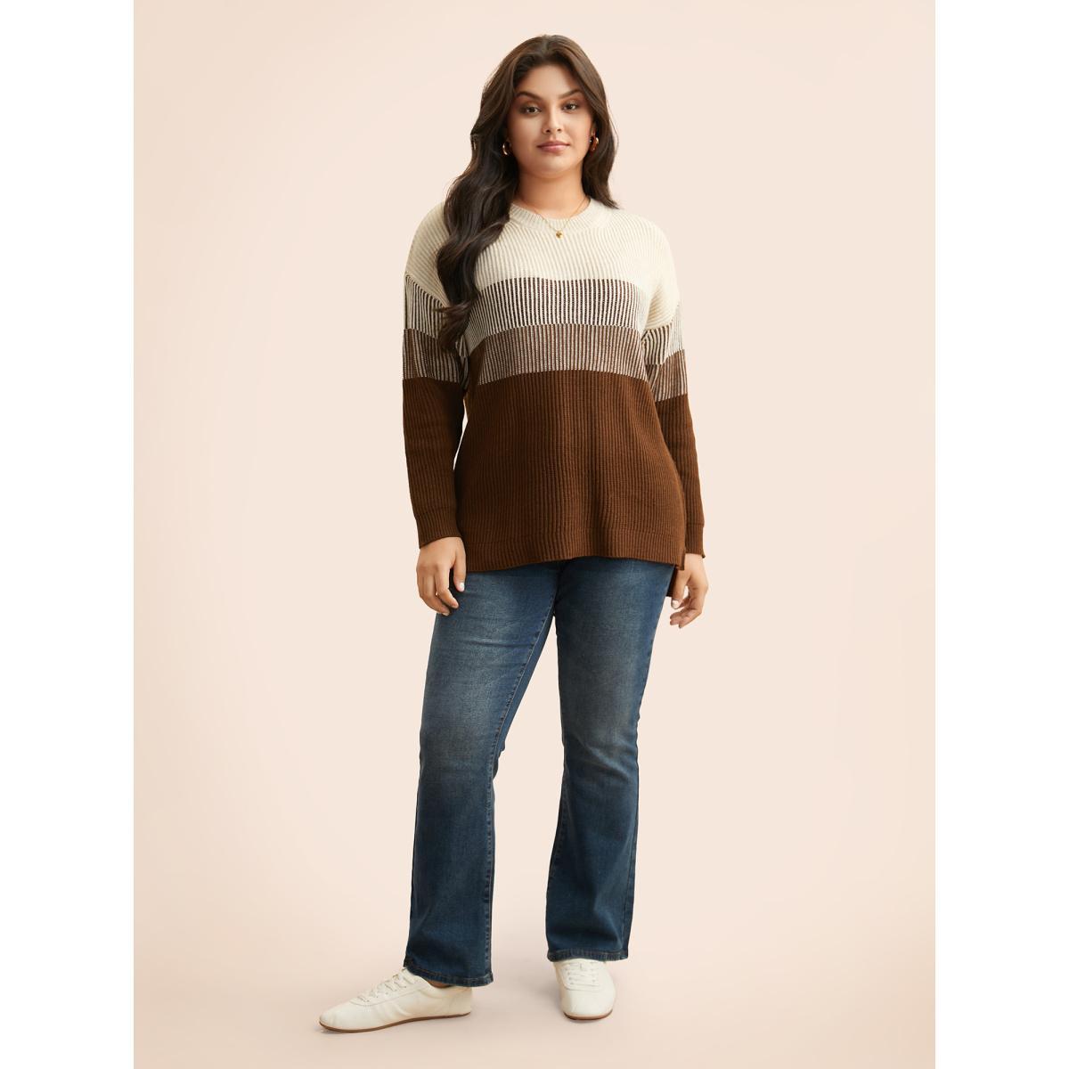 Plus Size Colorblock Contrast Texture Slit Hem Pullover Browncoffeecolor Women Casual Loose Long Sleeve Round Neck Everyday Pullovers BloomChic 18-20/2X Product Image