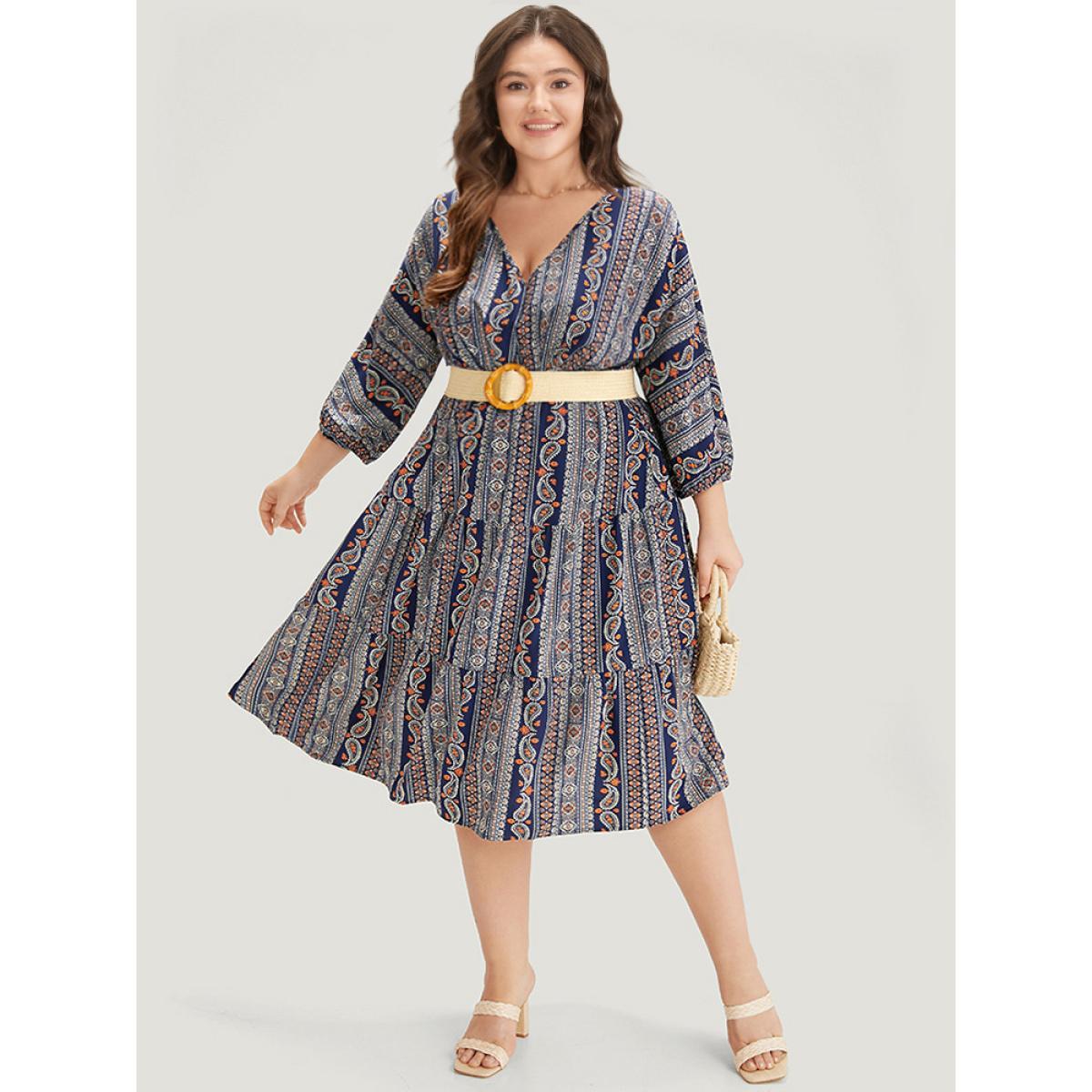 Plus Size Bandana Print Elastic Cuffs Layered Hem Dress DarkBlue Women Vacation Elastic cuffs V-neck Elbow-length sleeve Curvy Midi Dress BloomChic 30/6X Product Image