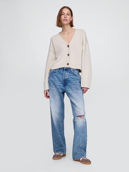 100% Cotton Cropped V-Neck Cardigan Product Image