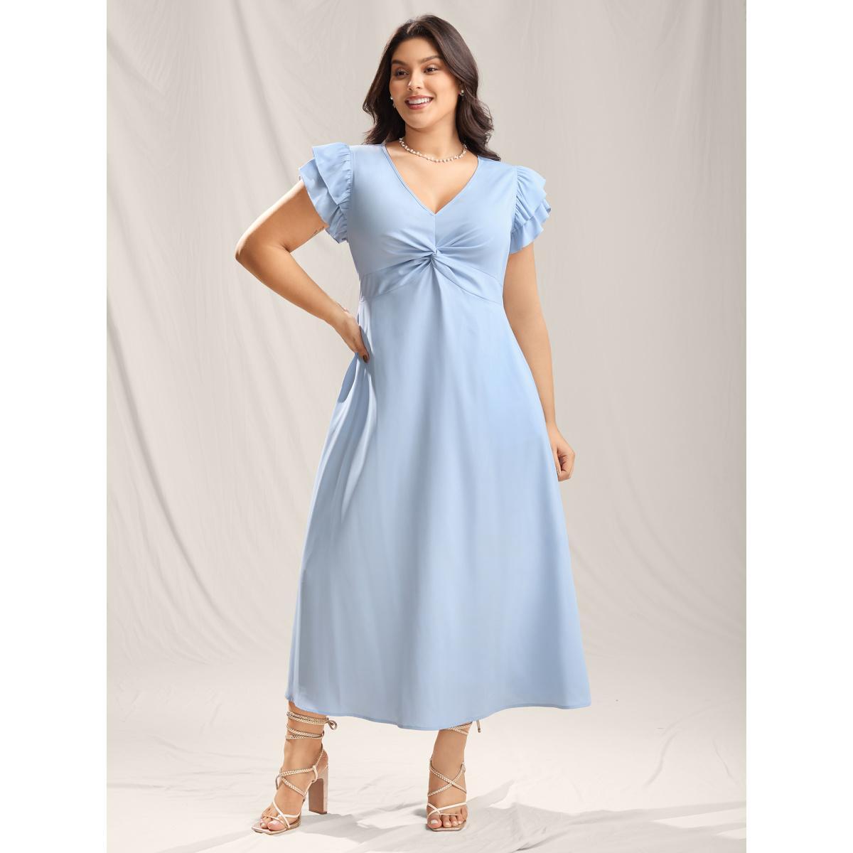 Plus Size Twist Front Woven A-Line Midi Dress LightBlue Women V-neck Sleeveless Curvy BloomChic 14-16/1X Product Image