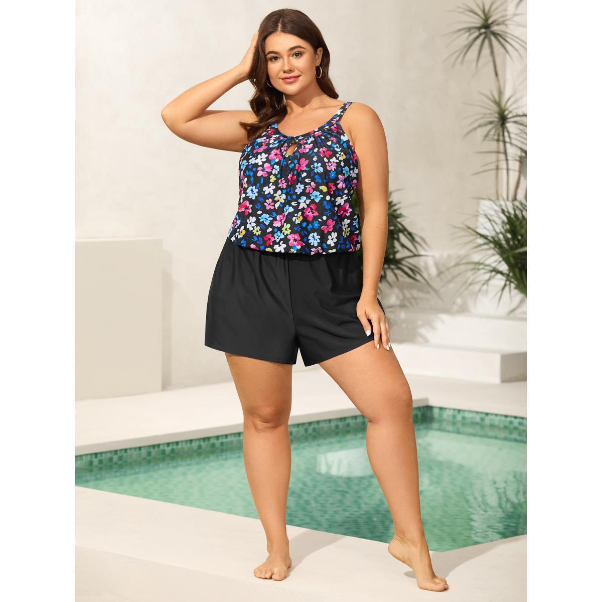Plus Size Floral Print Keyhole Pockets Swim Romper Women's Swimwear Black Beach Curve Bathing Suits High stretch One Pieces BloomChic 26/4X Product Image