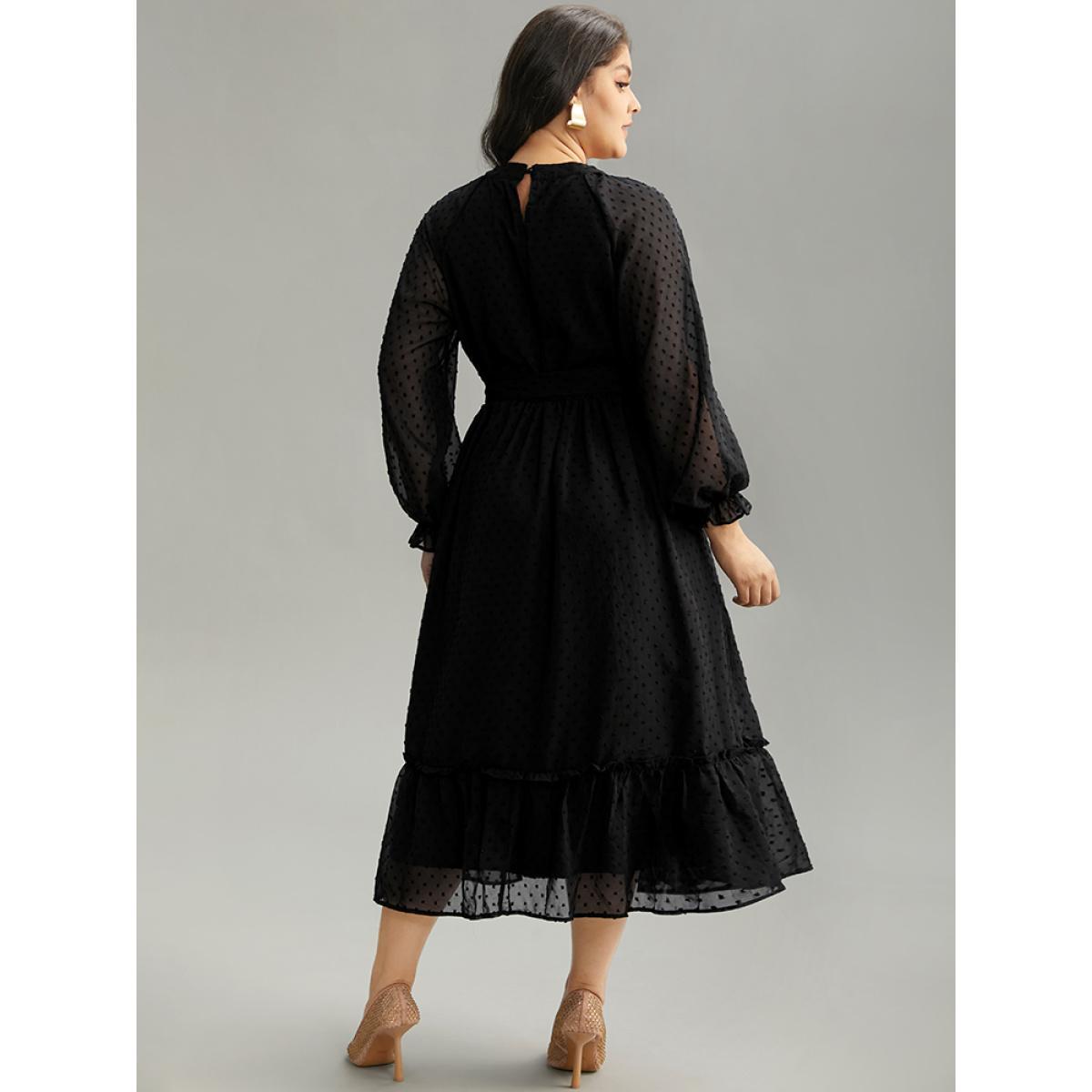 Plus Size Chiffon Texture Belted Mesh Keyhole Frill Trim Dress Black Women Office Texture Keyhole Cut-Out Long Sleeve Curvy Midi Dress BloomChic 26/4X Product Image