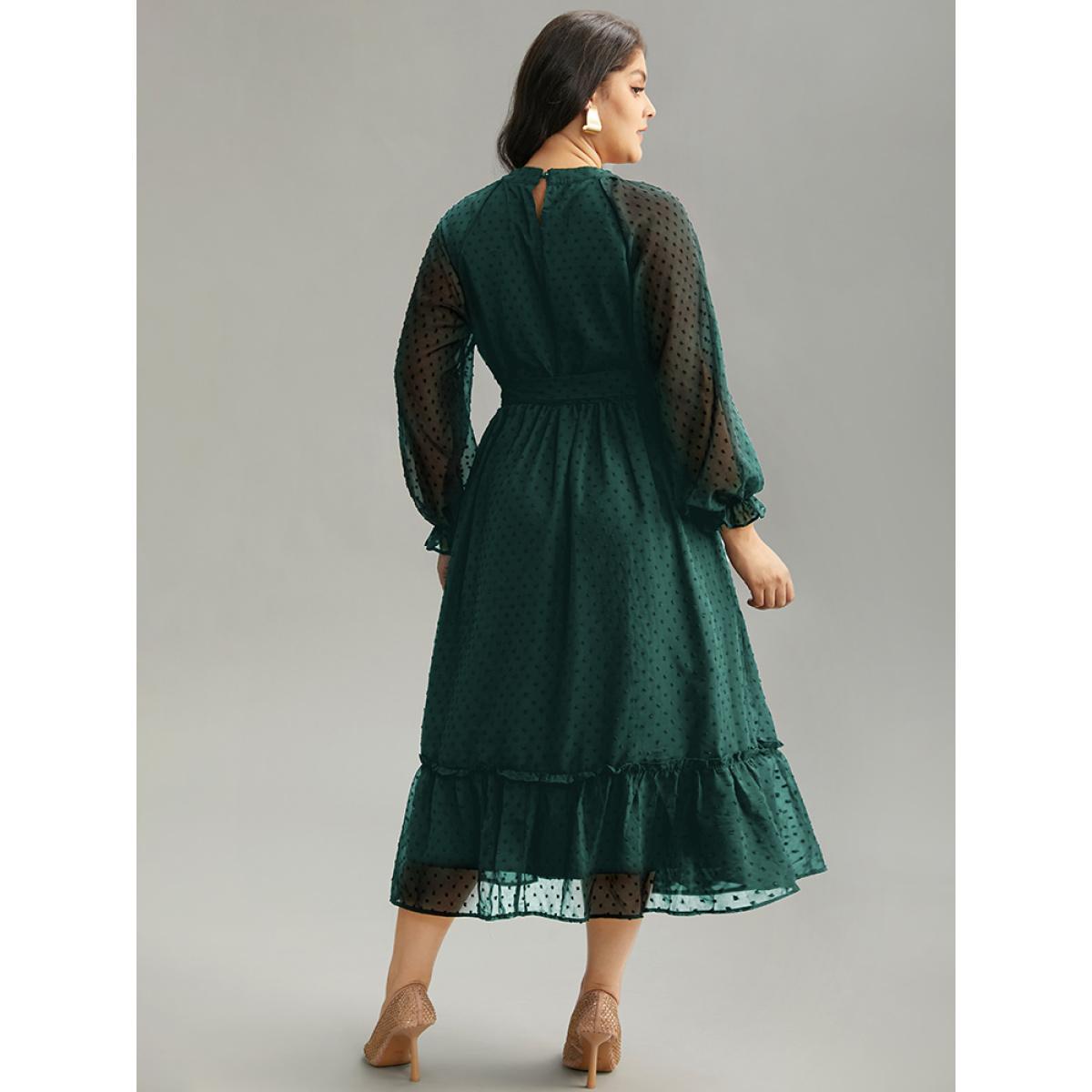 Plus Size Chiffon Texture Belted Mesh Keyhole Frill Trim Dress Cyan Women Office Texture Keyhole Cut-Out Long Sleeve Curvy Midi Dress BloomChic 22-24/3X Product Image