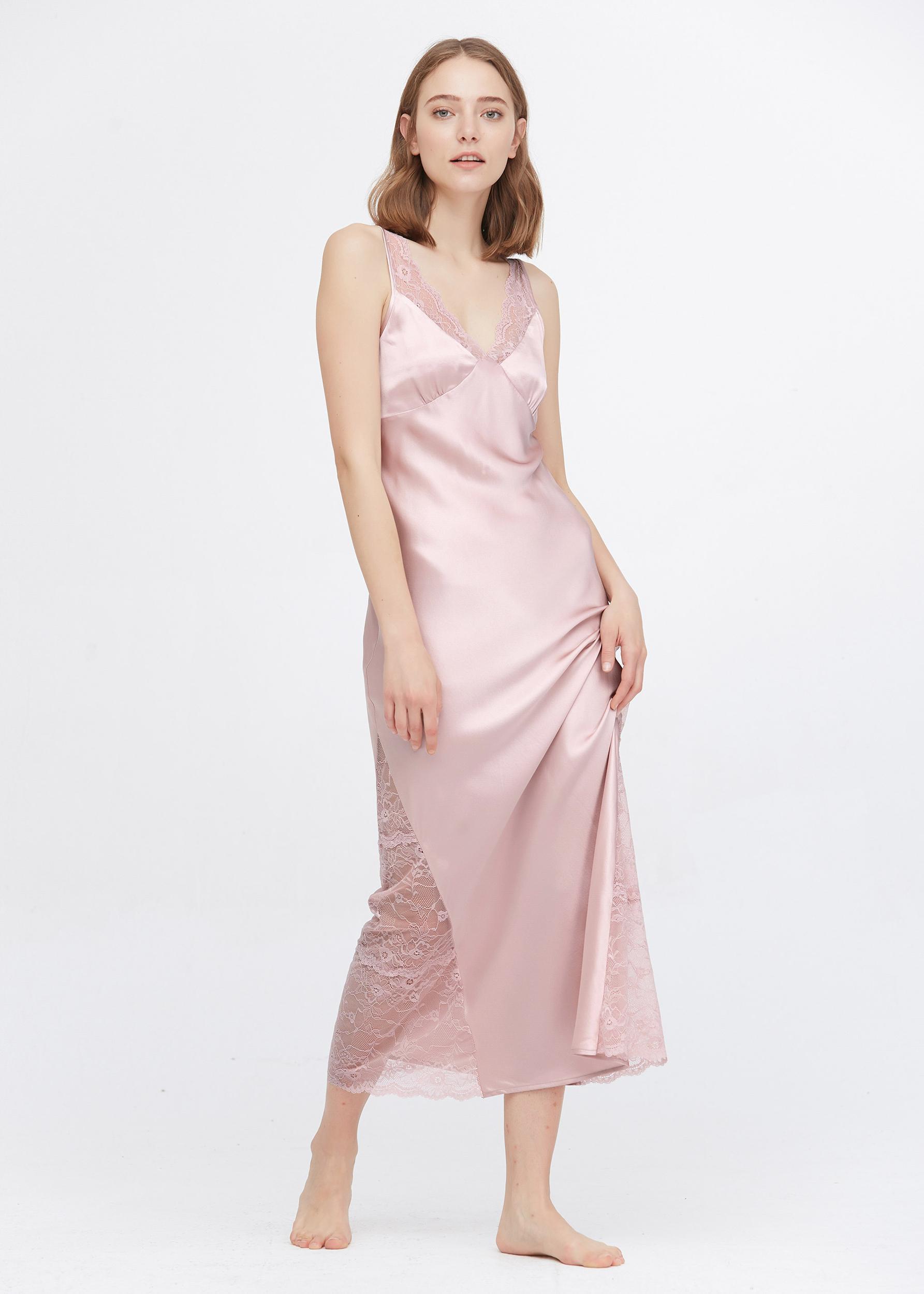 LILYSILK Silk Nightdresses Women Pink Lace Trim Adjustable Straps Feminine and Classic Skin-Friendly and Breathable L Product Image