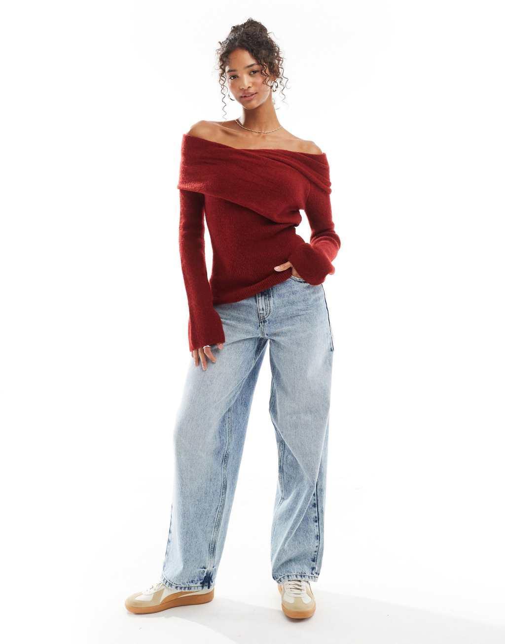 ASOS DESIGN knit wrap sweater in burgundy  Product Image