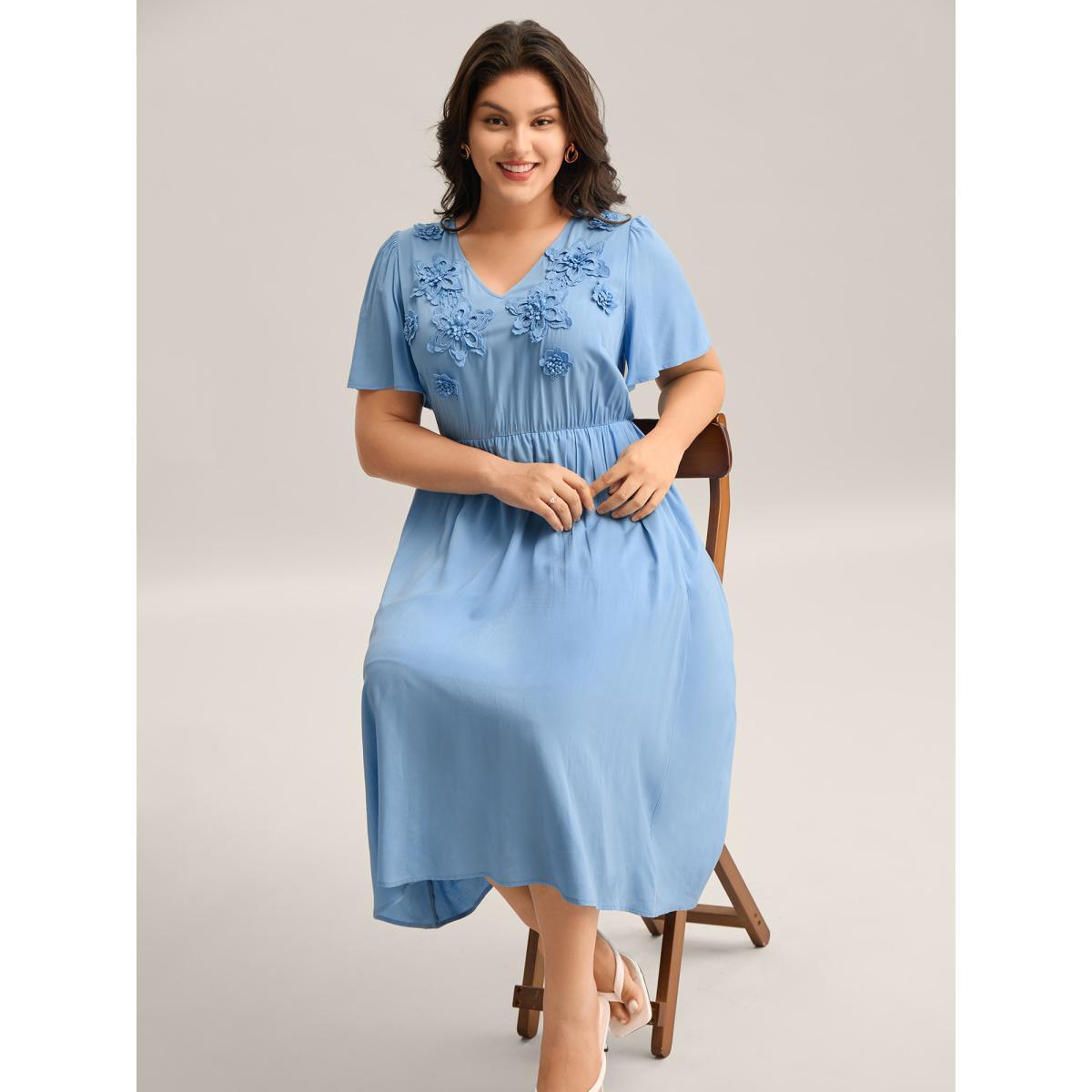 Plus Size Rayon Floral Detail Cinched-Waist Midi Dress Skyblue Women V-neck Short sleeve Curvy BloomChic 12/L Product Image