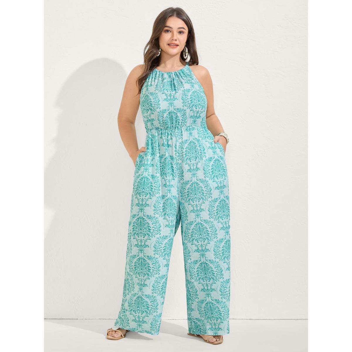Plus Size Turquoise Rayon Damask Print Stretchy Waist Jumpsuit Women Sleeveless Halter neck Vacation Loose Jumpsuits BloomChic 26/4X Product Image