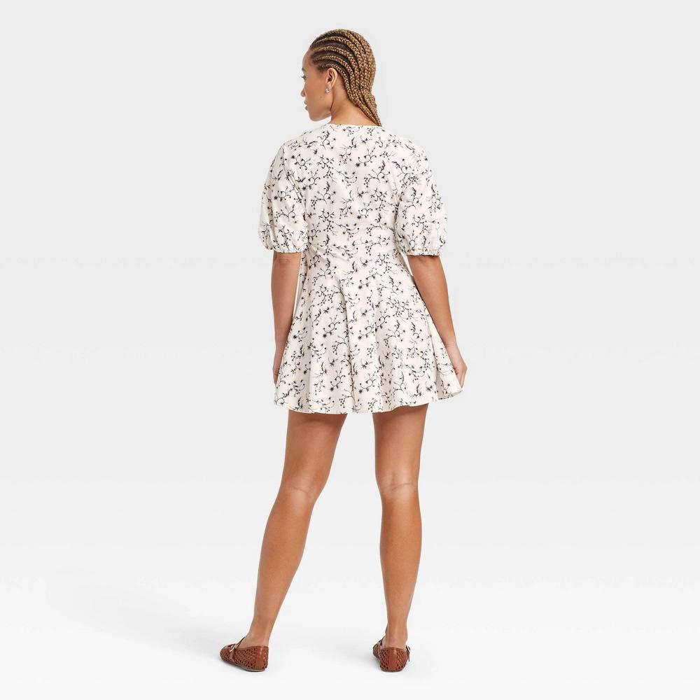 Women's Bell Elbow Sleeve Mini A-Line Dress - Universal Thread™ White Floral XS: Cotton Rayon Blend, V Neck, Side Pocket Product Image