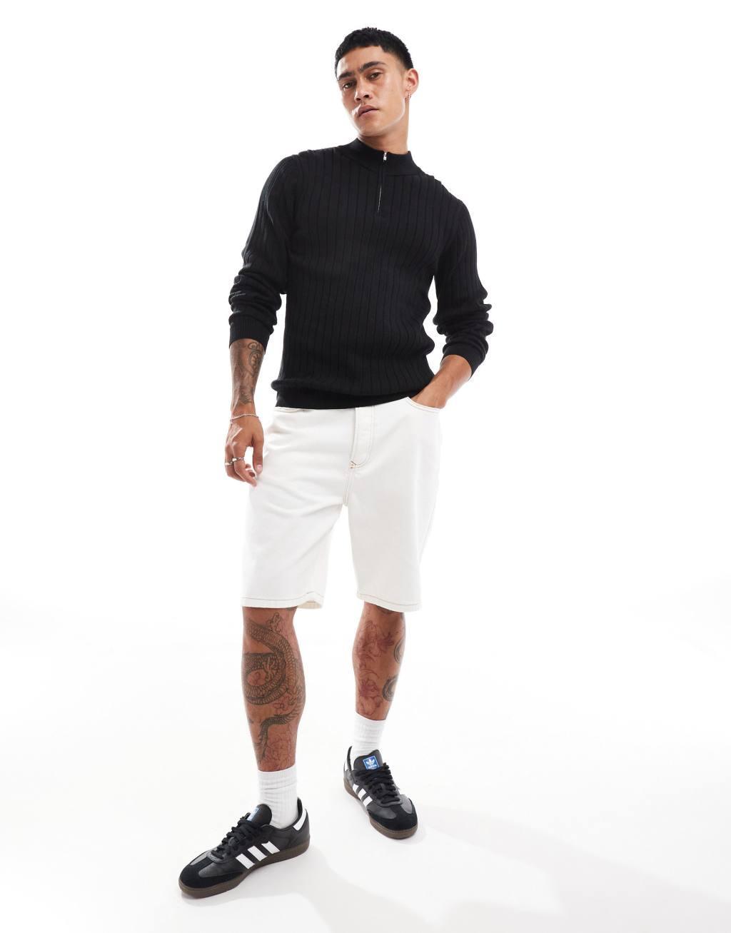ASOS DESIGN essential muscle fit knitted rib quarter zip sweater in black Product Image