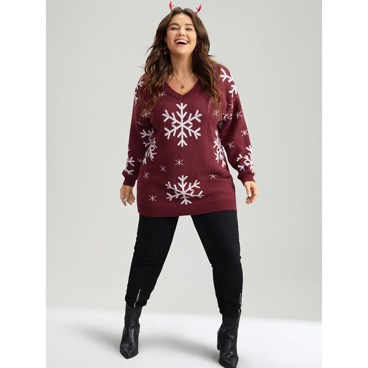 Plus Size Anti-Pilling Snowflake Print Pullover Scarlet Women Casual Loose Long Sleeve V-neck Dailywear Pullovers BloomChic 28/5X Product Image