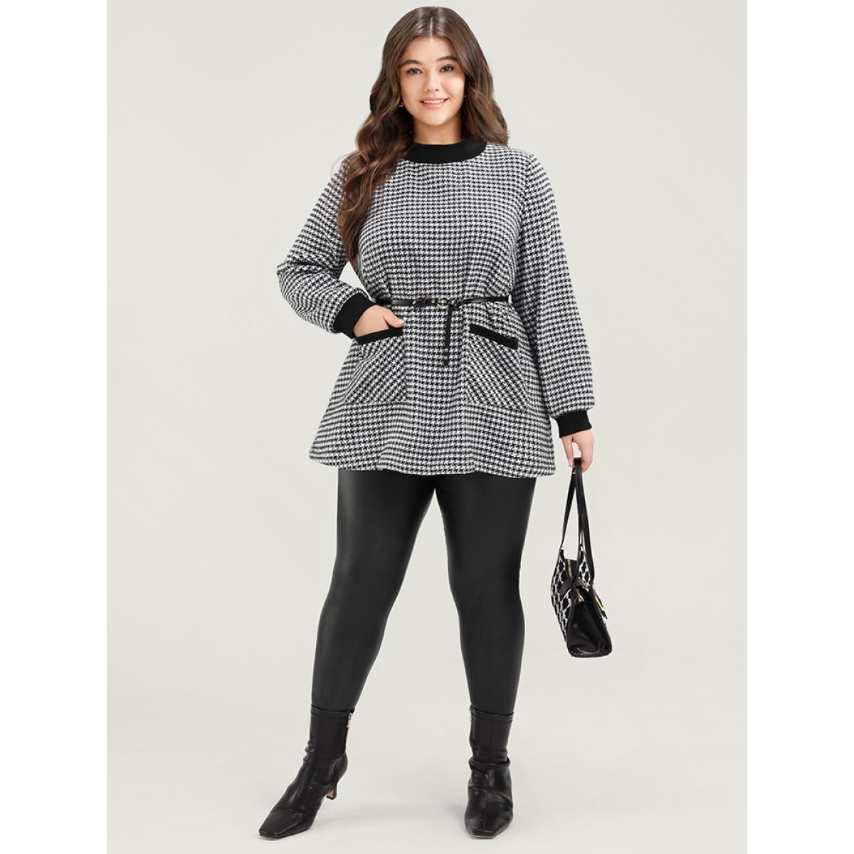 Plus Size Contrast Trim Pocket Mock Neck Houndstooth Sweatshirt Women Black Elegant Contrast Mock Neck Dailywear Sweatshirts BloomChic 28/5X Product Image